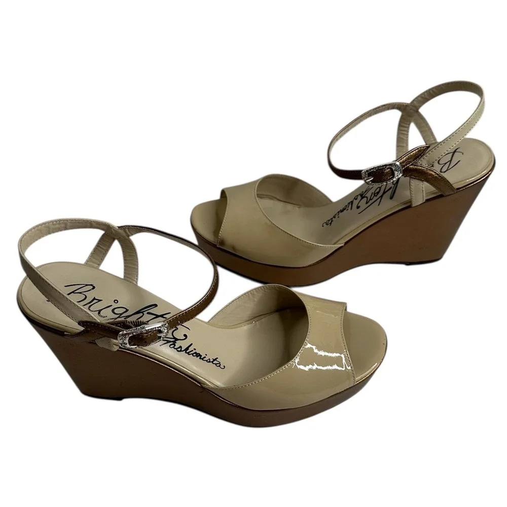 Brighton Sandals Women's 9‎ Shoe Flame Beige Open Toe Platform Wedge Ankle Strap